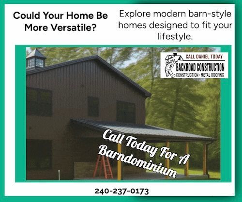 Barn with brown siding, carport, and text: 