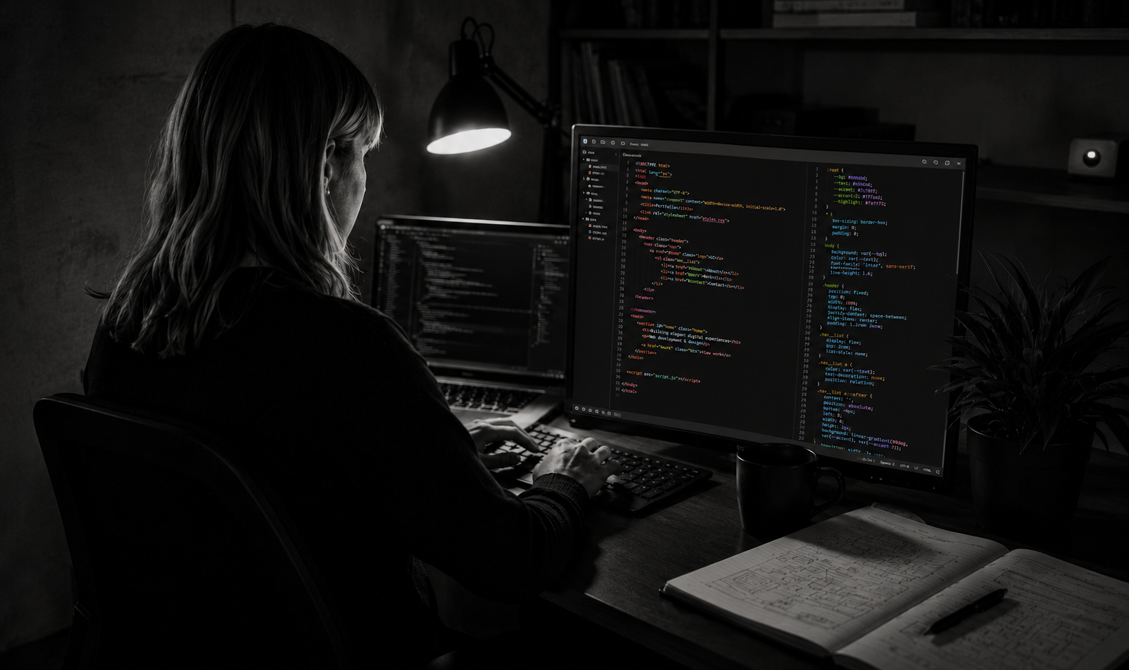 Person coding at a desk with dual monitors in a dimly lit room, laptop open and notebook nearby
