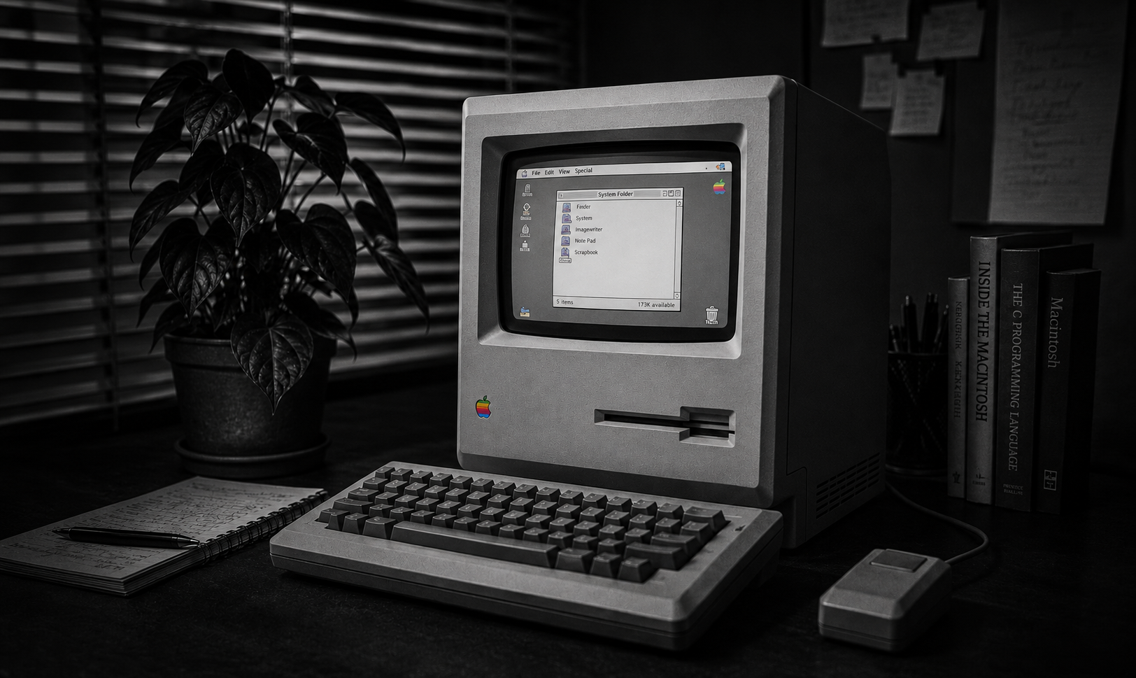 Vintage beige desktop computer on a desk, displaying a simple text-based interface in a dim office.