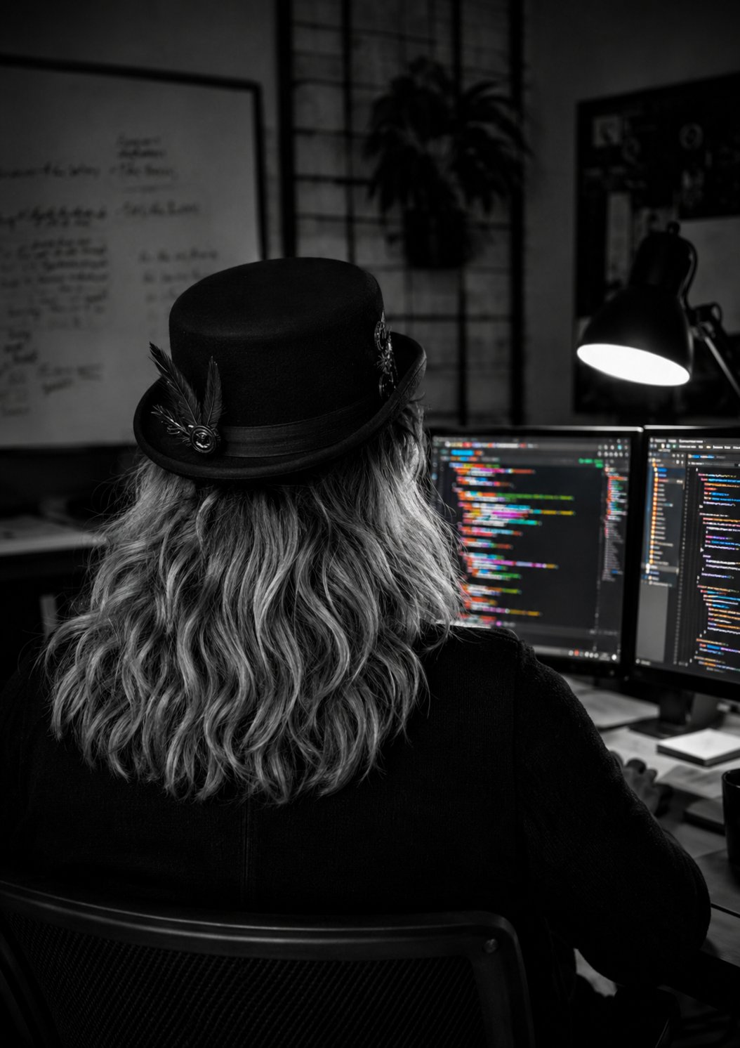 Person at a desk with dual monitors, coding in a dimly lit office, wearing a black hat and curly gray hair