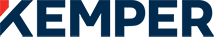 A blue and red kemper logo on a white background.