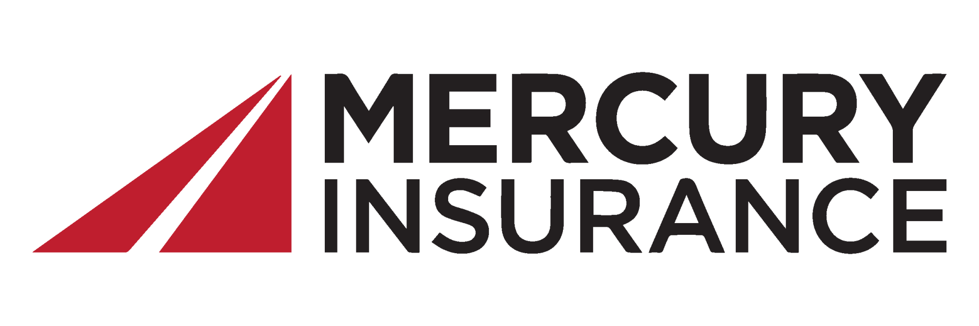 The logo for mercury insurance is red and black with a red arrow.