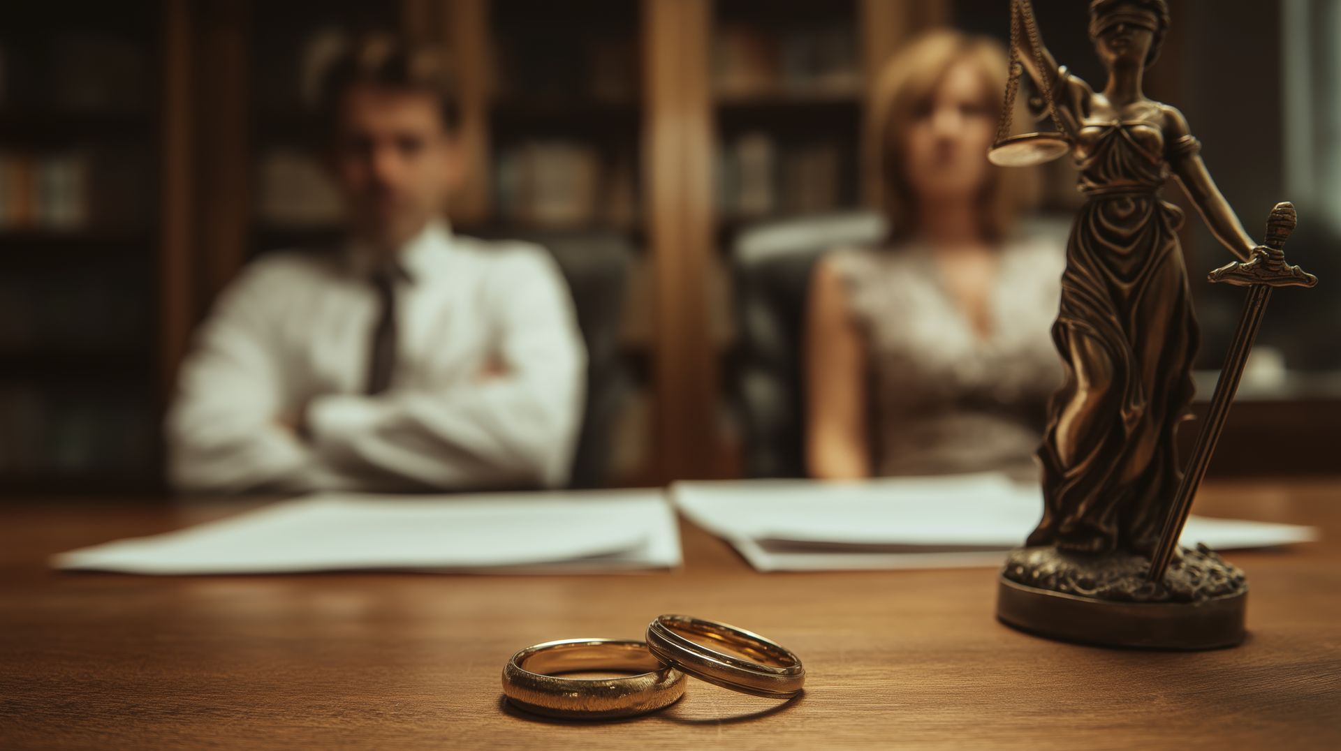 Person signing document, another person holding pen and open book, scales of justice in background.