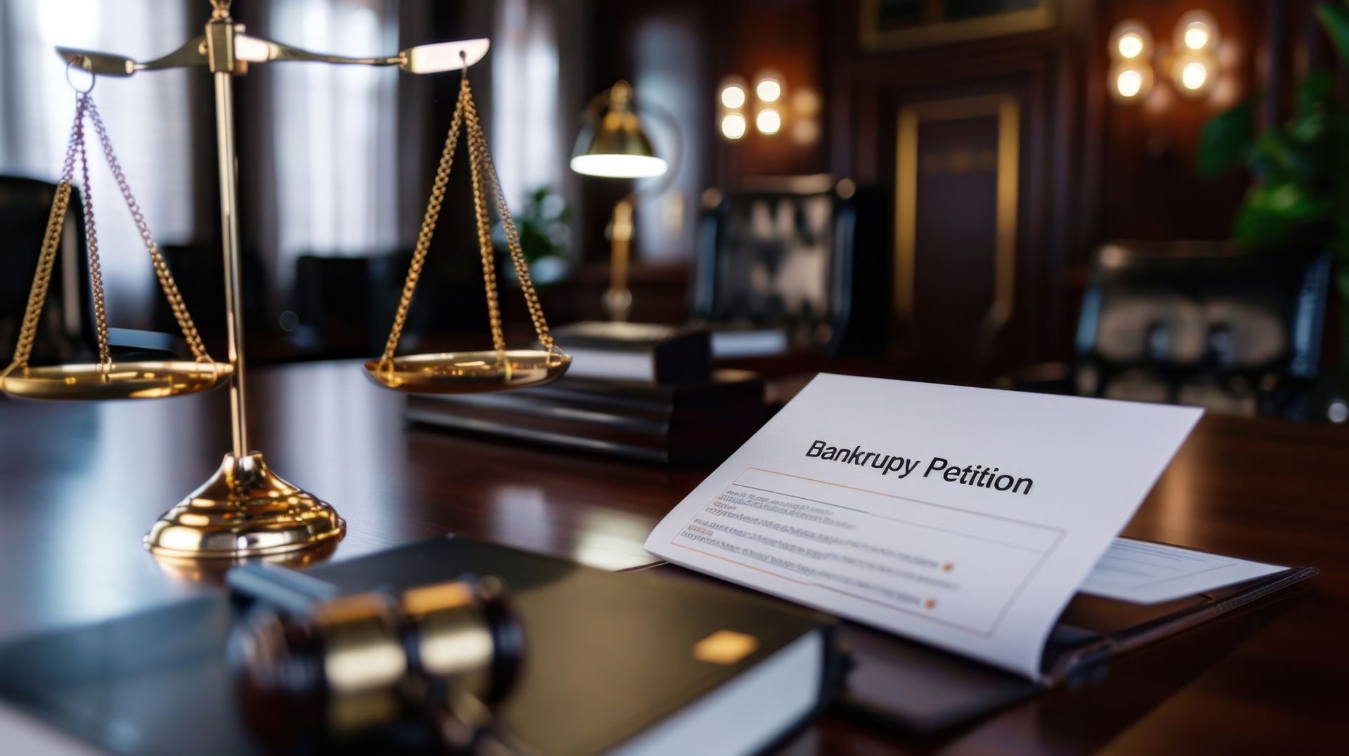 Lawyer shaking hands with client at desk next to scales of justice and a gavel.