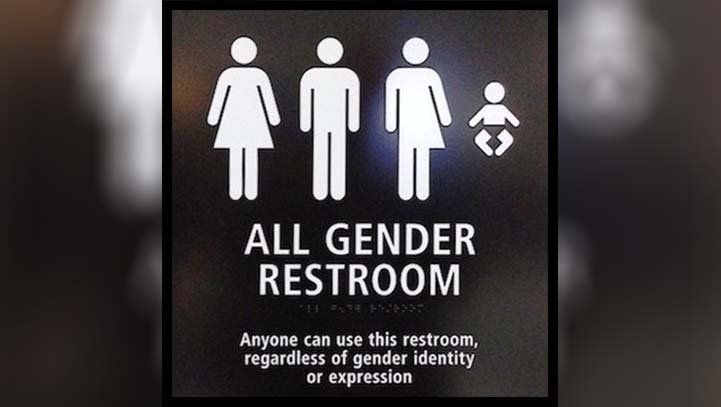 Sign for an all-gender restroom, depicting stick figures and text: