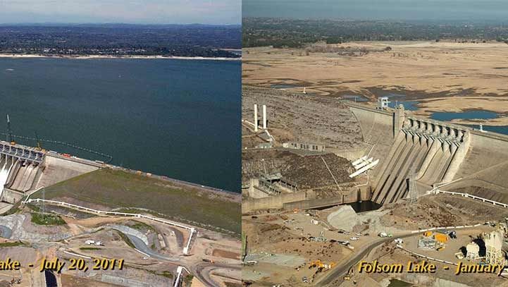 Comparison of Folsom Lake, CA: full (July 2011) and drastically low (January). Dam visible; landscape change.