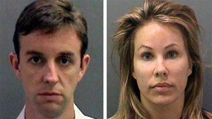 Two mugshot photos side-by-side. Man with short brown hair, woman with blonde hair; both facing forward.