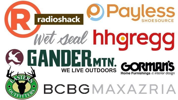 Logos of defunct retail stores including RadioShack, Payless, hhgregg, Gander Mtn., and others.