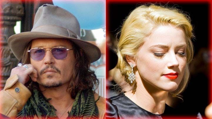Johnny Depp and Amber Heard, side-by-side portraits. Depp wearing a hat and sunglasses, Heard with red lipstick.