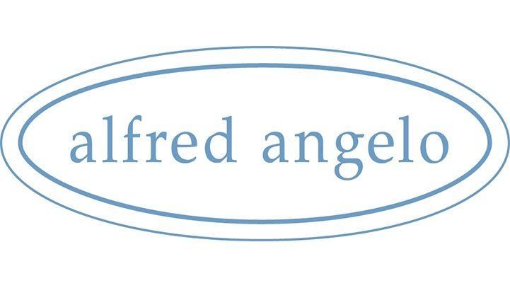 Alfred Angelo logo in light blue inside an oval border.