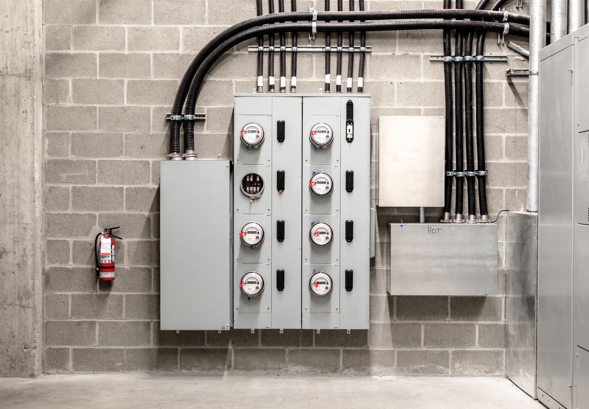 Gray metal electrical panel box on a wall, open to reveal breakers and wiring. Gray metal electrical panel box on a wall, open to reveal breakers and wiring.
