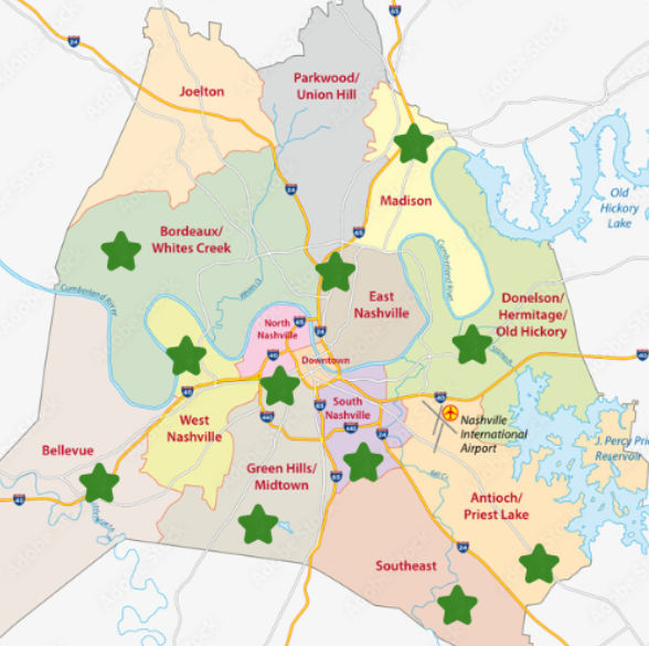 Map of Nashville with green stars marking various neighborhoods, including Madison and Southeast. Map of Nashville with green stars marking various neighborhoods, including Madison and Southeast.