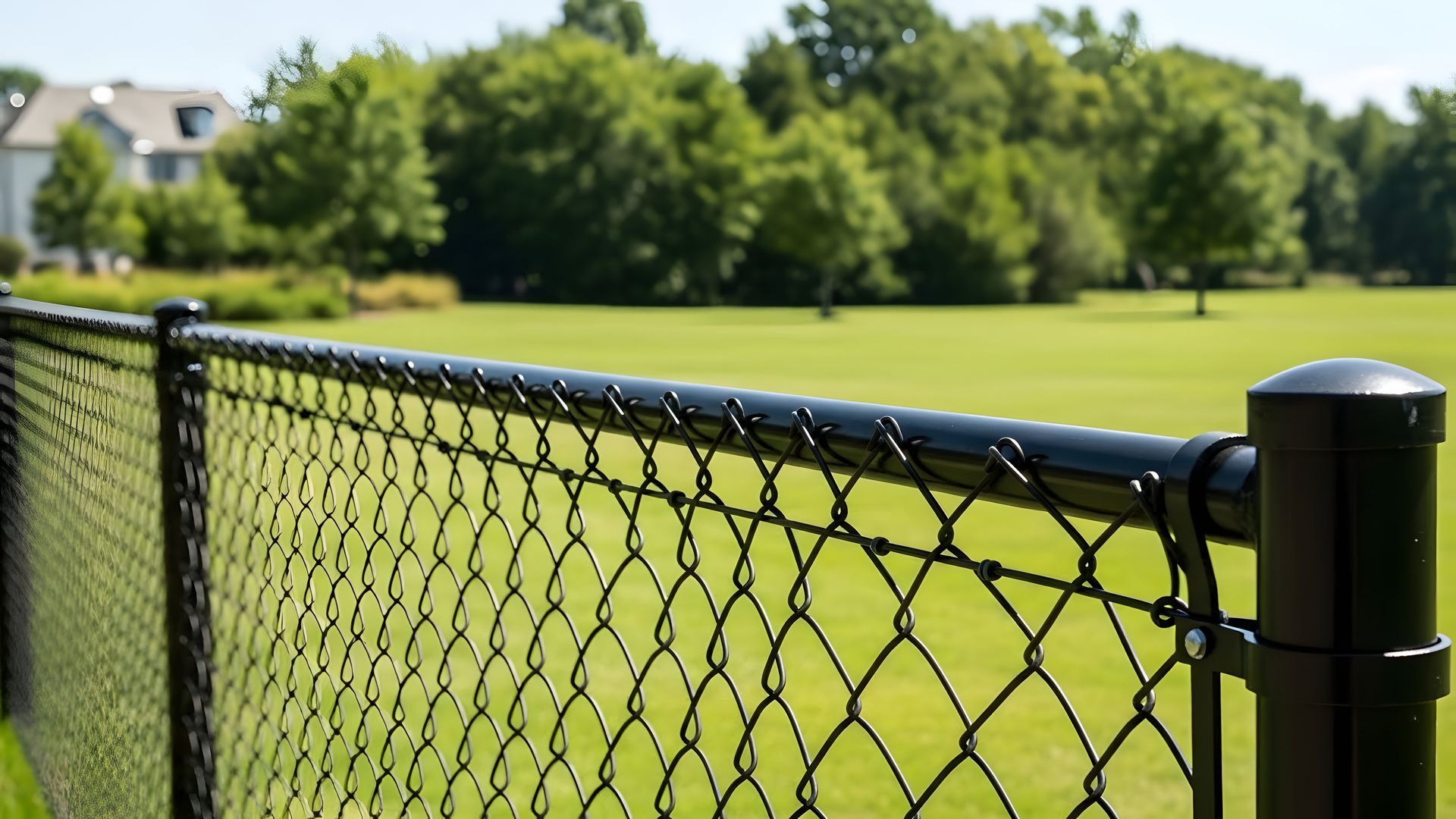 Black chain link fence in a suburban backyard