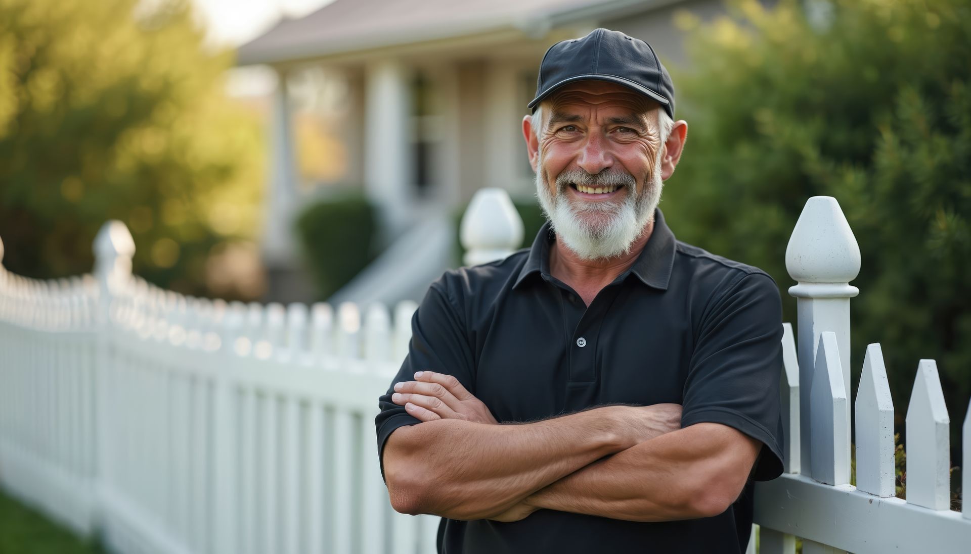 Smiling middle-aged man stands near a white picket fence with his arms crossed.