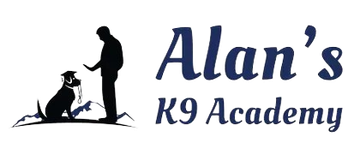 The logo for alan 's k9 academy shows a man standing next to a dog.