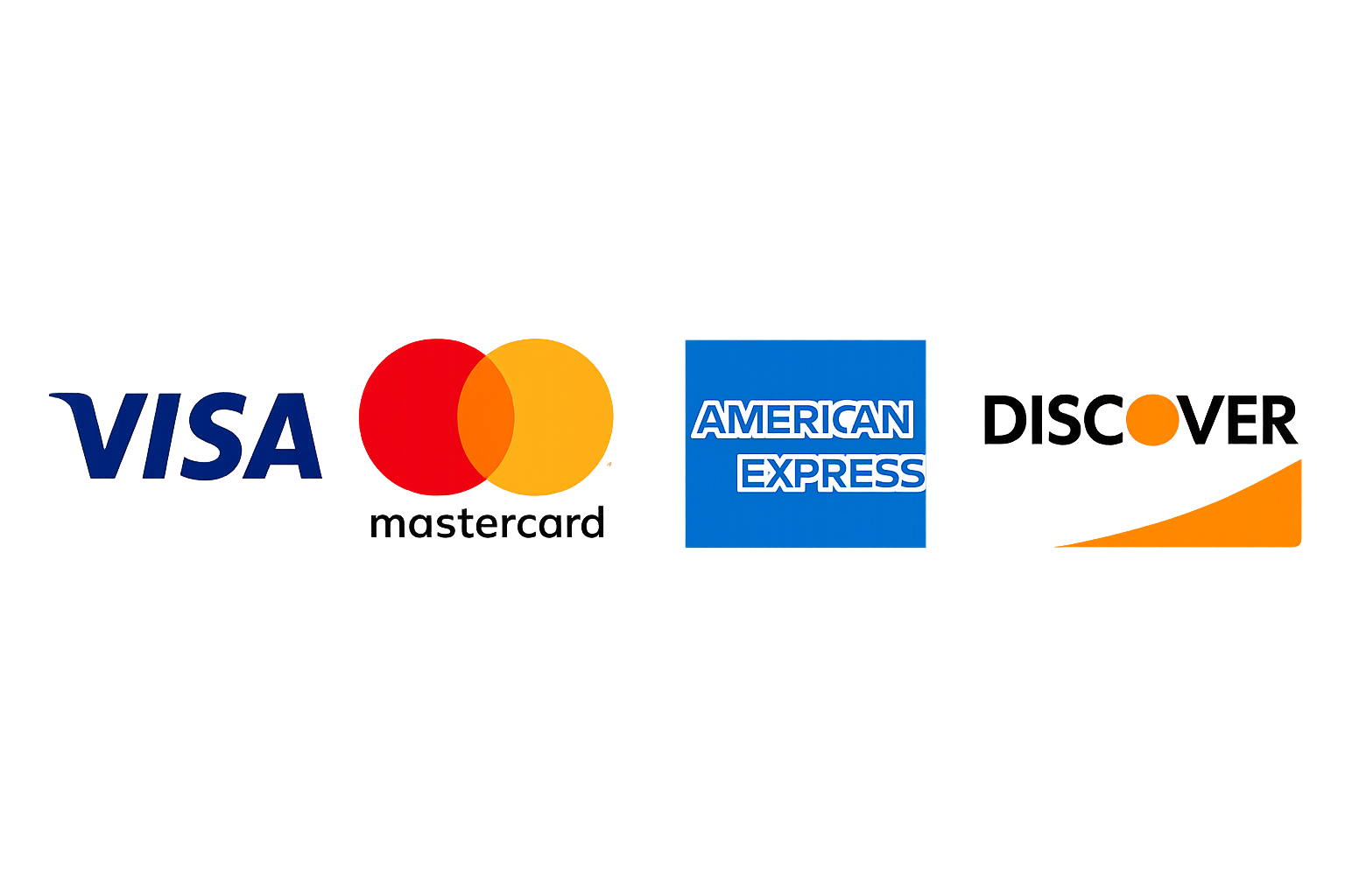Logos for Visa, Mastercard, American Express, and Discover credit cards.