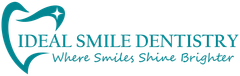 Ideal Smile Dentistry logo featuring a stylized tooth, teal colors, and the tagline 