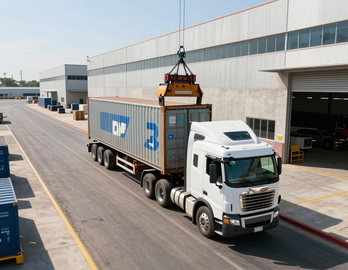 Operación profesional de transporte de contenedores en entorno industrial moderno