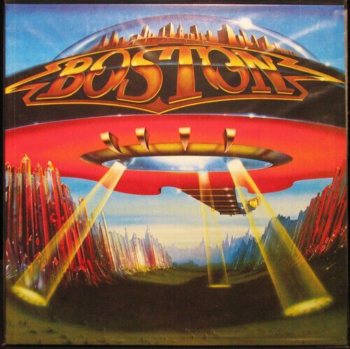 Album cover for Boston's debut album. A red spaceship shines light on a landscape, with the band's name in gold.