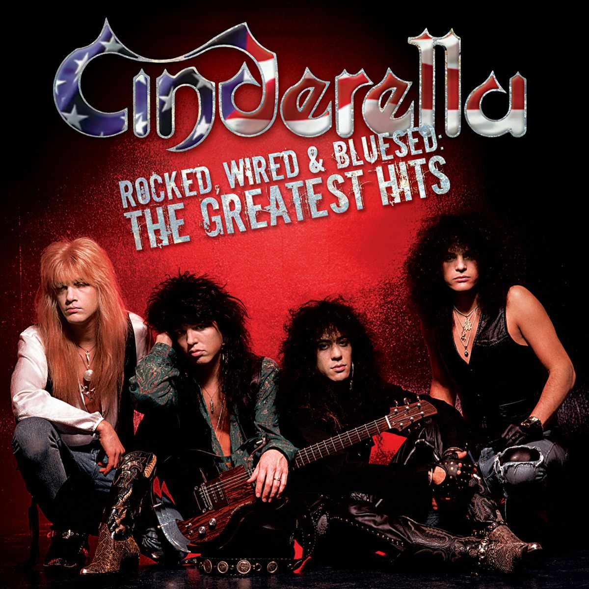 Cinderella album cover: band members pose in front of a red background. The band's logo is at the top, with