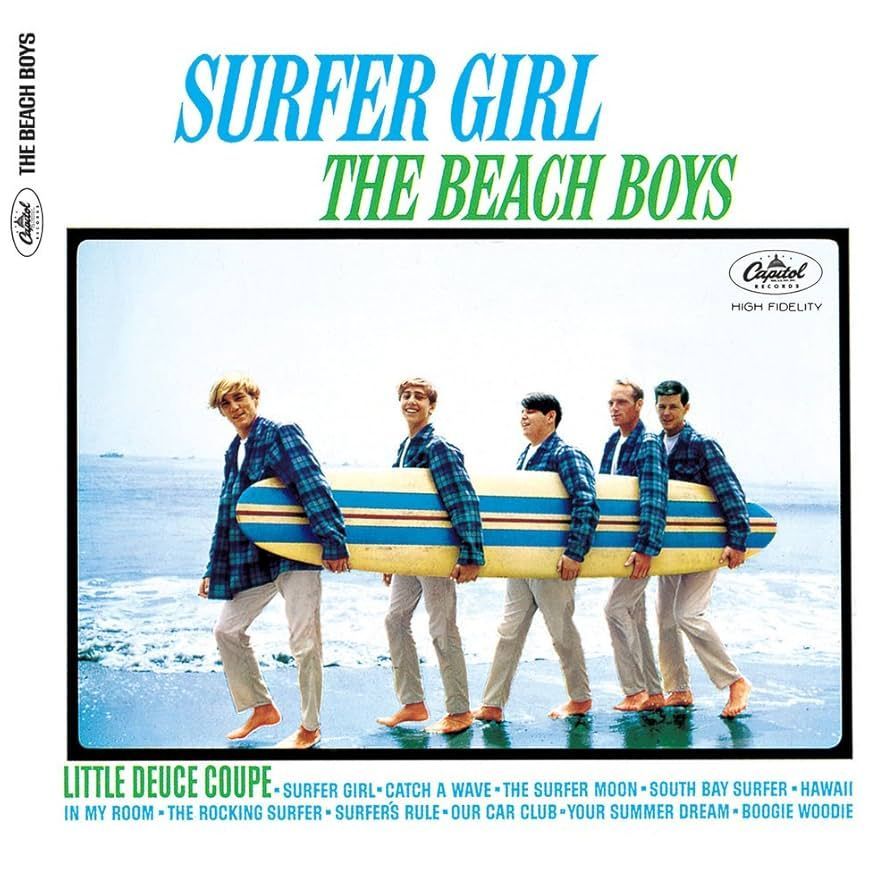 The Beach Boys album cover: five men in matching outfits carrying a surfboard on a beach. The title