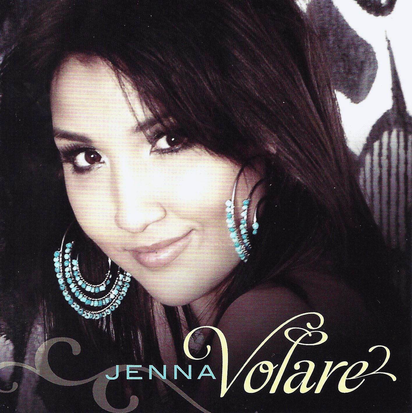 Jenna Volare album cover. Woman with dark hair, turquoise earrings, smiling. Soft background.