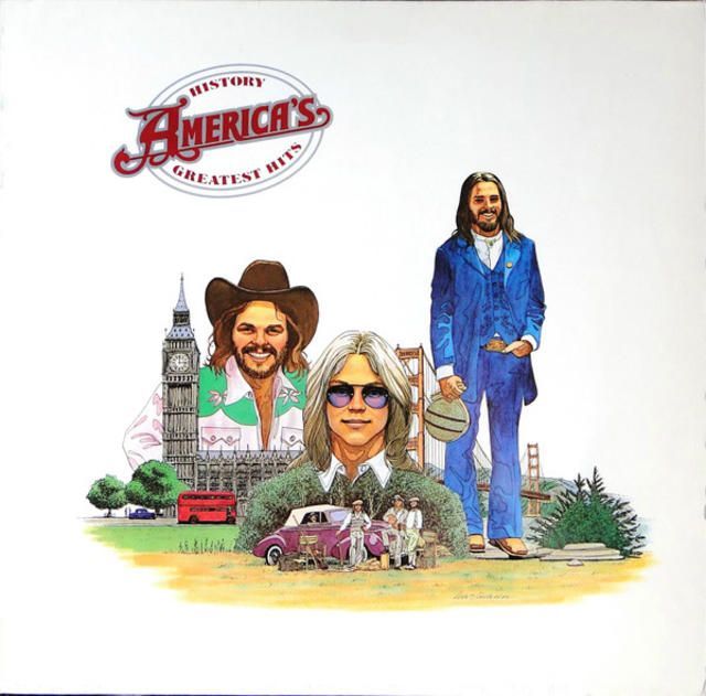 Album cover: America's Greatest Hits. Three men in front of a red and white logo, with landmarks like Big Ben and the Golden Gate Bridge in the background.