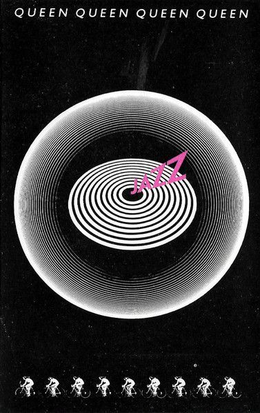 Queen album cover with concentric white circles and a pink needle on a black background; the word