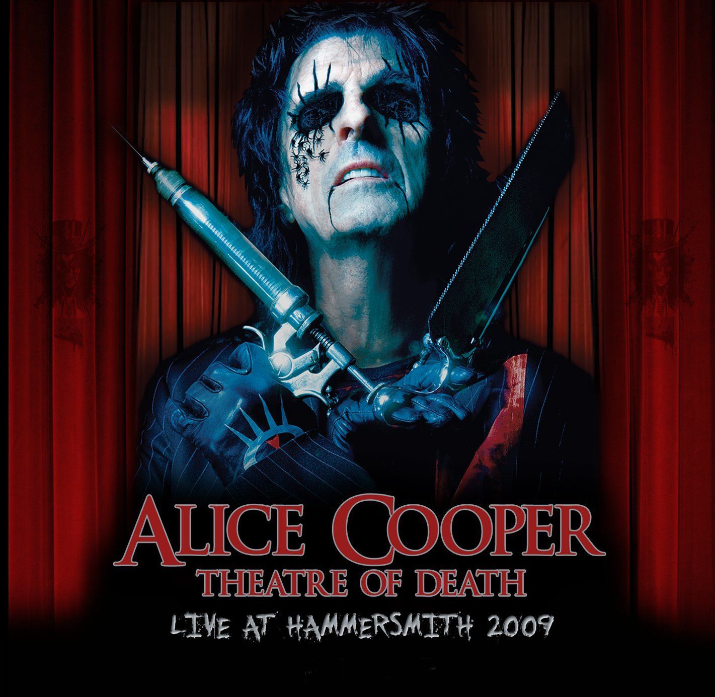 Alice Cooper holding a large syringe and knife, theatrical stage background,
