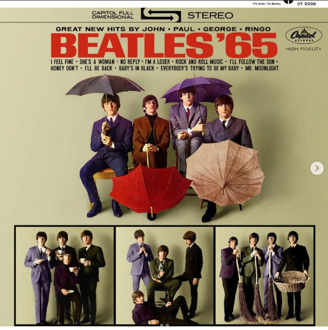 Beatles '65 album cover: The Beatles pose with umbrellas against a light green background. Below are three smaller photos of the band.