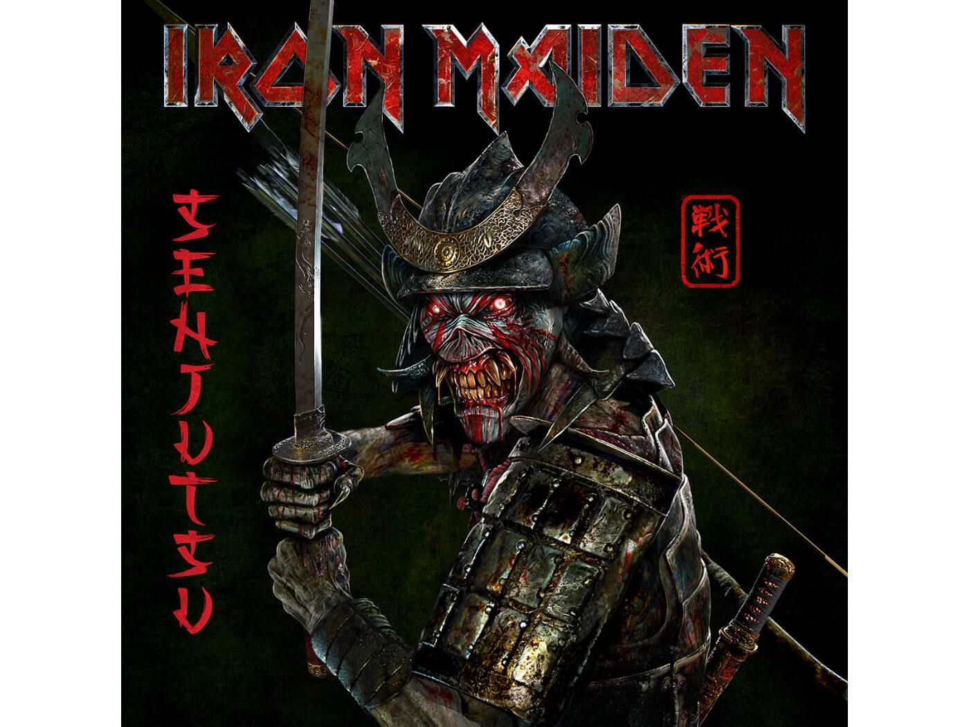 Iron Maiden's Senjutsu album cover. Eddie the Samurai, zombie-like, in rusted armor and helmet, holds a bloody sword. Red eyes glow against a dark background.