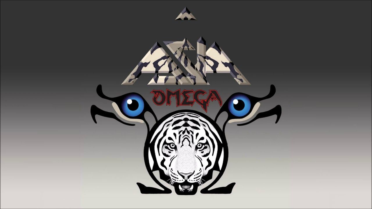 A white tiger face with blue eyes, a mountain-like geometric shape on top, and the word