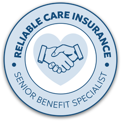 Reliable Care Insurance Senior Benefit Specialists logo with handshake inside a blue heart icon