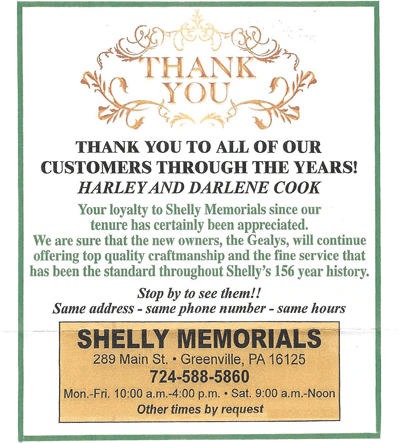 Thak you poster — Shelly memorials in Greenvill, PA