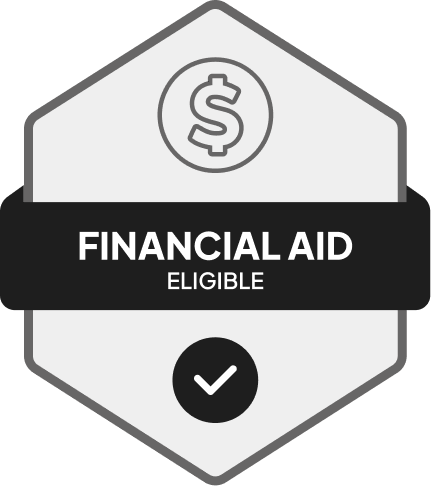 Badge: Financial Aid Eligible, blue banner, building icon, dollar sign.