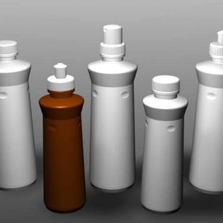 Rendered depiction of a collection of bottles and caps for detergents.