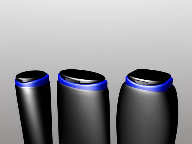 Rendered depiction of flip-top caps and designer bottles.