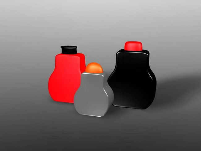 Rendered depiction of a collection of matching designer bottles and caps.