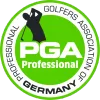 Logo der PGA Professional Germany mit grünem Kreis und Golfersilhouette, umgeben vom Text „Golfers Association of Germany“
