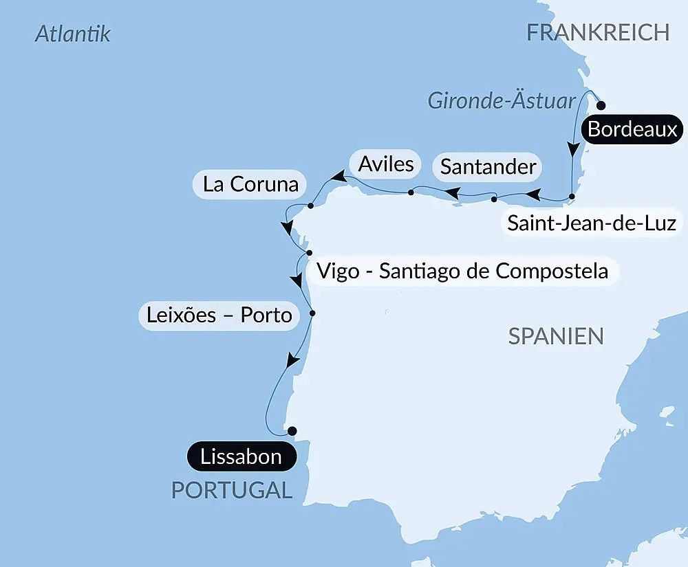 Karte der Atlantikküstenroute von Lissabon nach Bordeaux mit Zwischenstopps in Spanien und Portugal