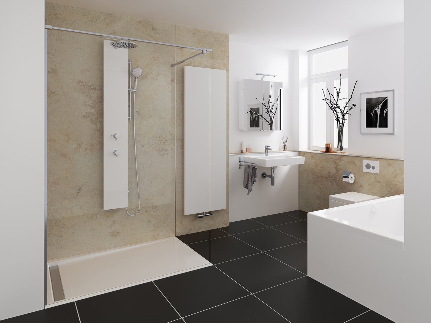Walk In Dusche in Bad mit schwarzen Fliesen