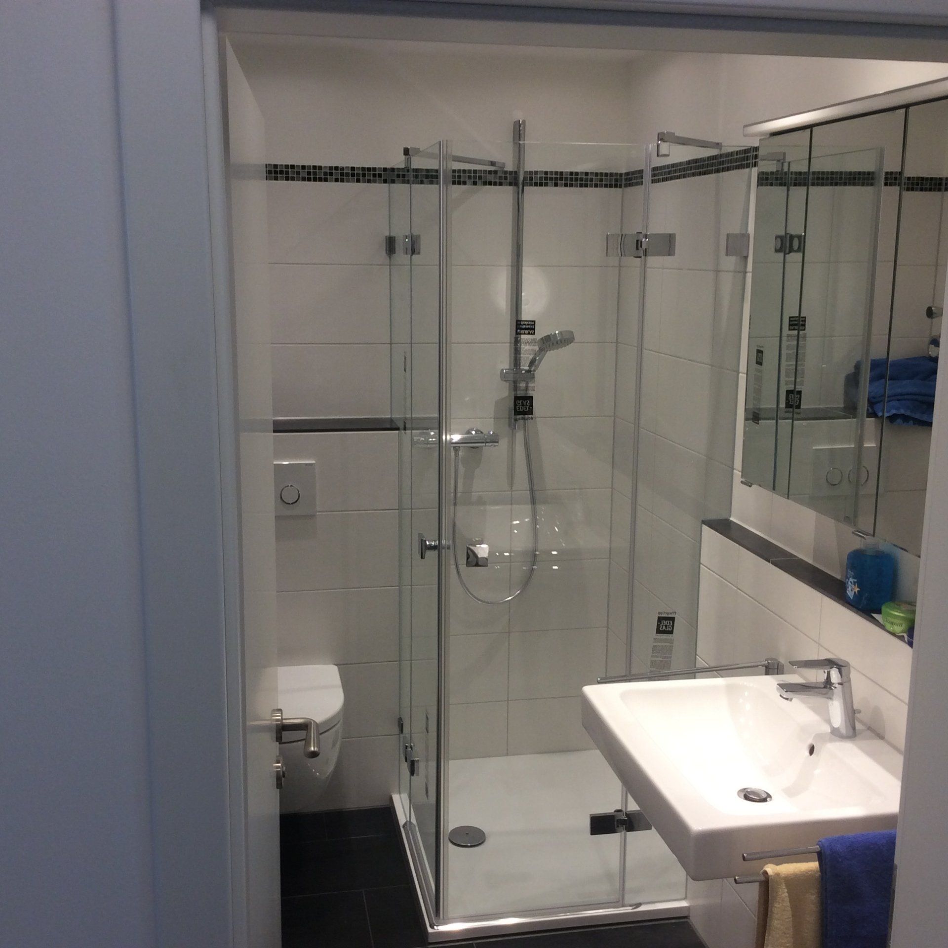 Kleines Bad mit Glasdusche mit Eckeinstieg