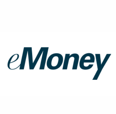 A blue logo for emoney on a white background