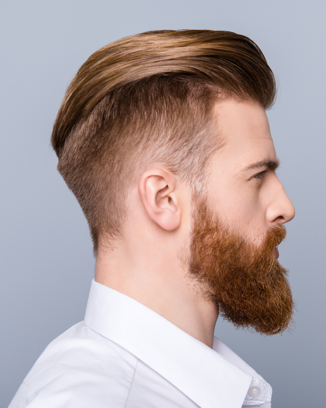 Homme aux cheveux dégradés, coiffure soignée sur le dessus et barbe fournie, sur fond gris.