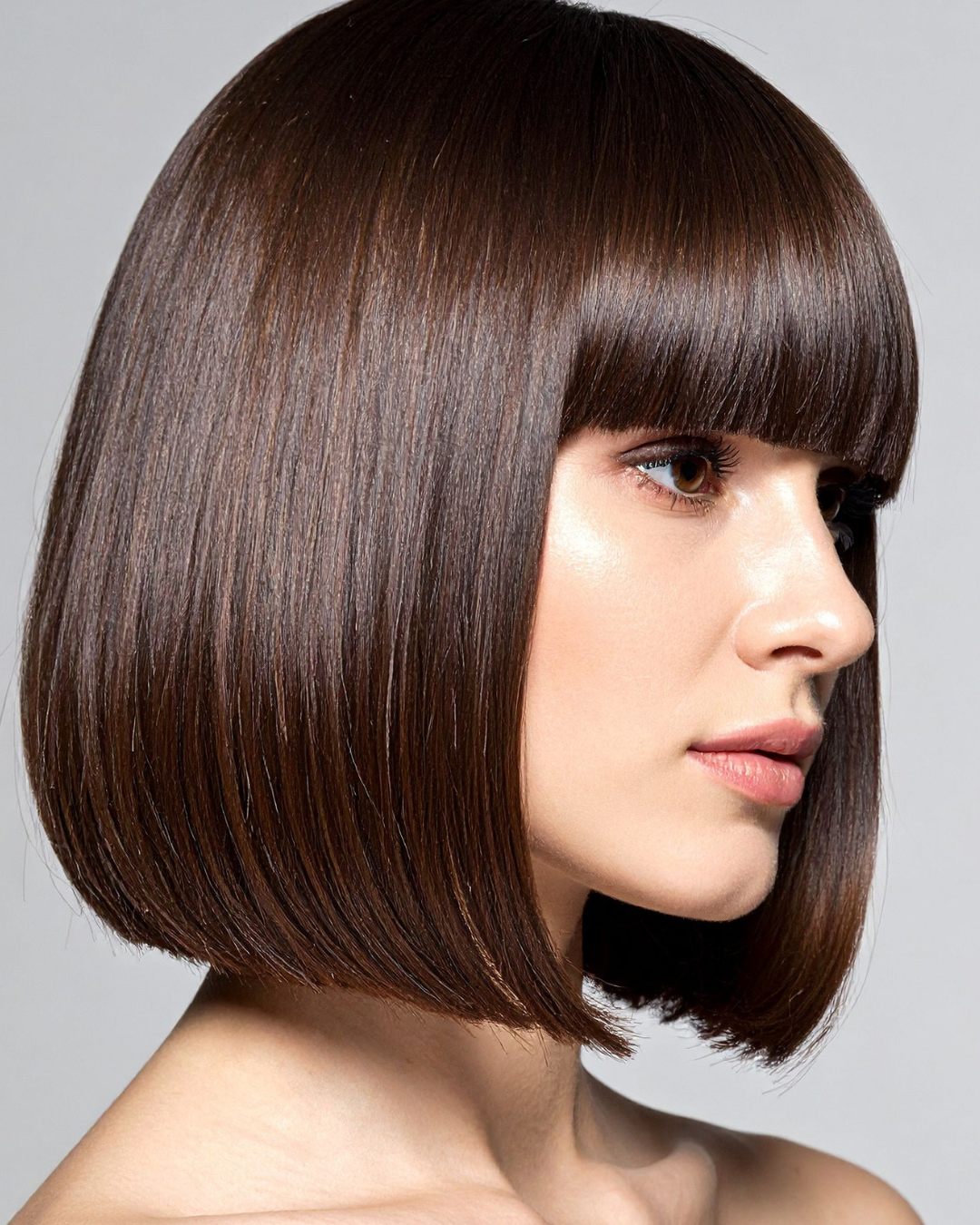 Femme aux cheveux brun foncé lisses, coupés au carré, avec une frange droite, regardant sur le côté.