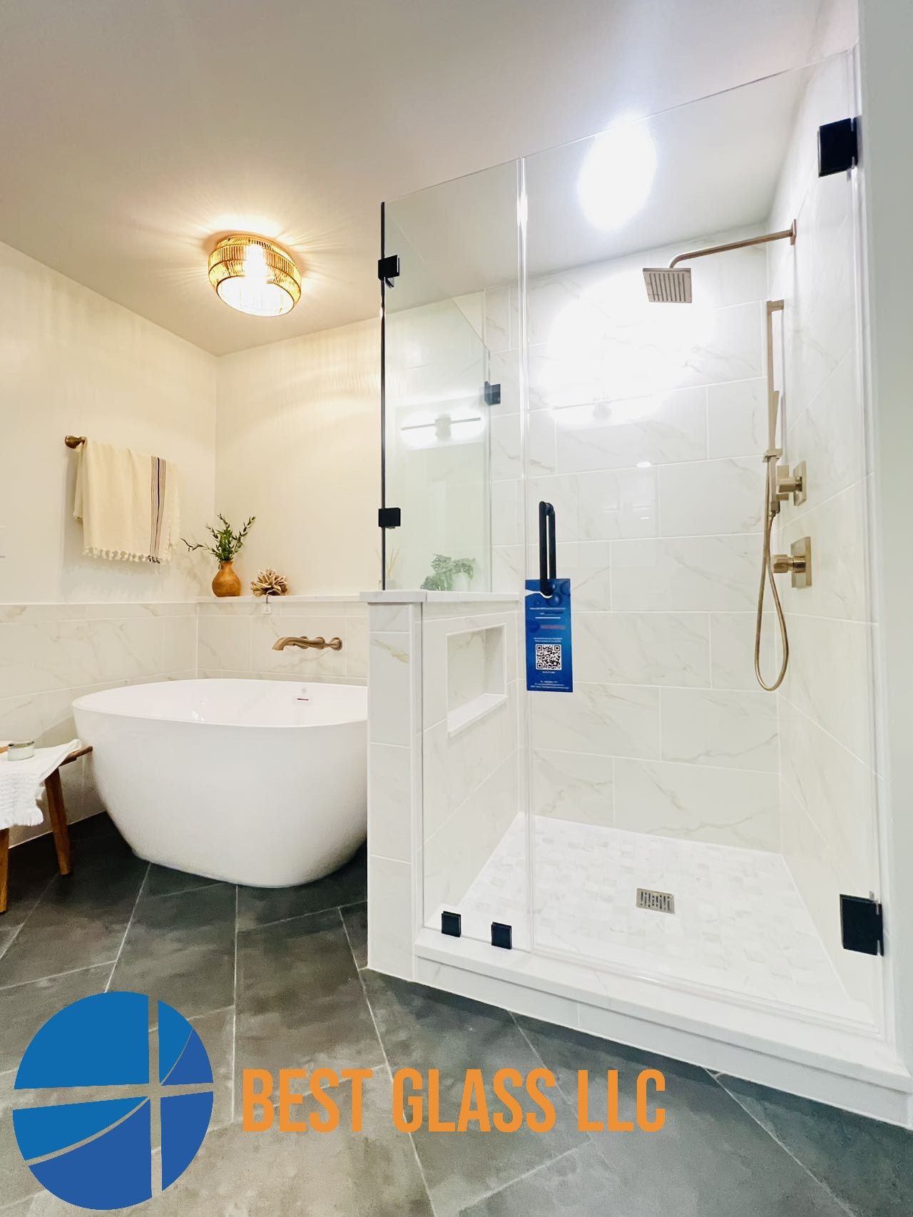 A bathroom with a bathtub and a walk in shower.