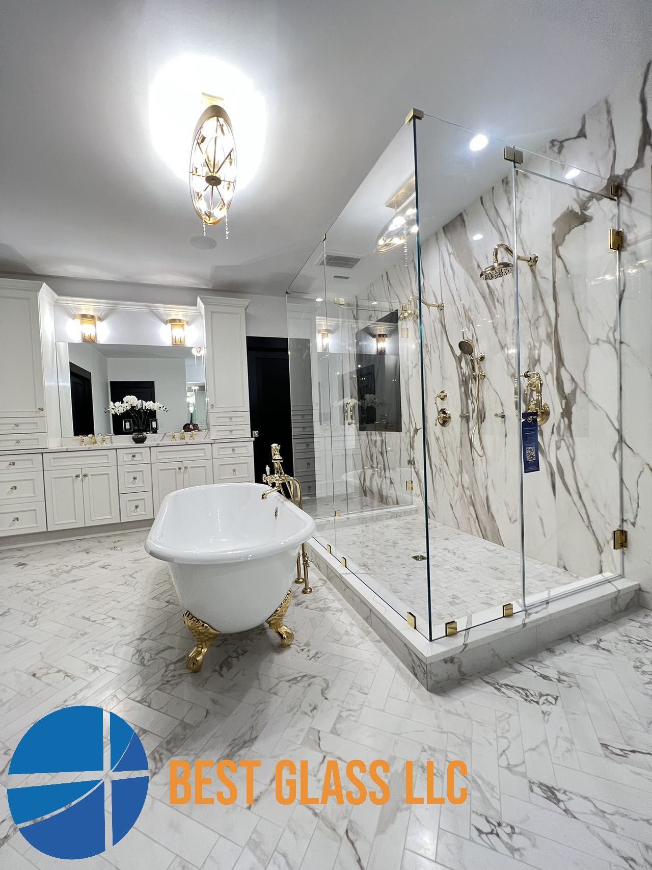 A bathroom with a bathtub and a walk in shower.