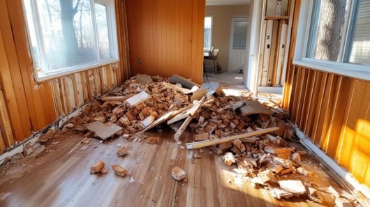 A room with a lot of rubble on the floor and walls.