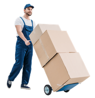 A man is pushing a cart with boxes on it.