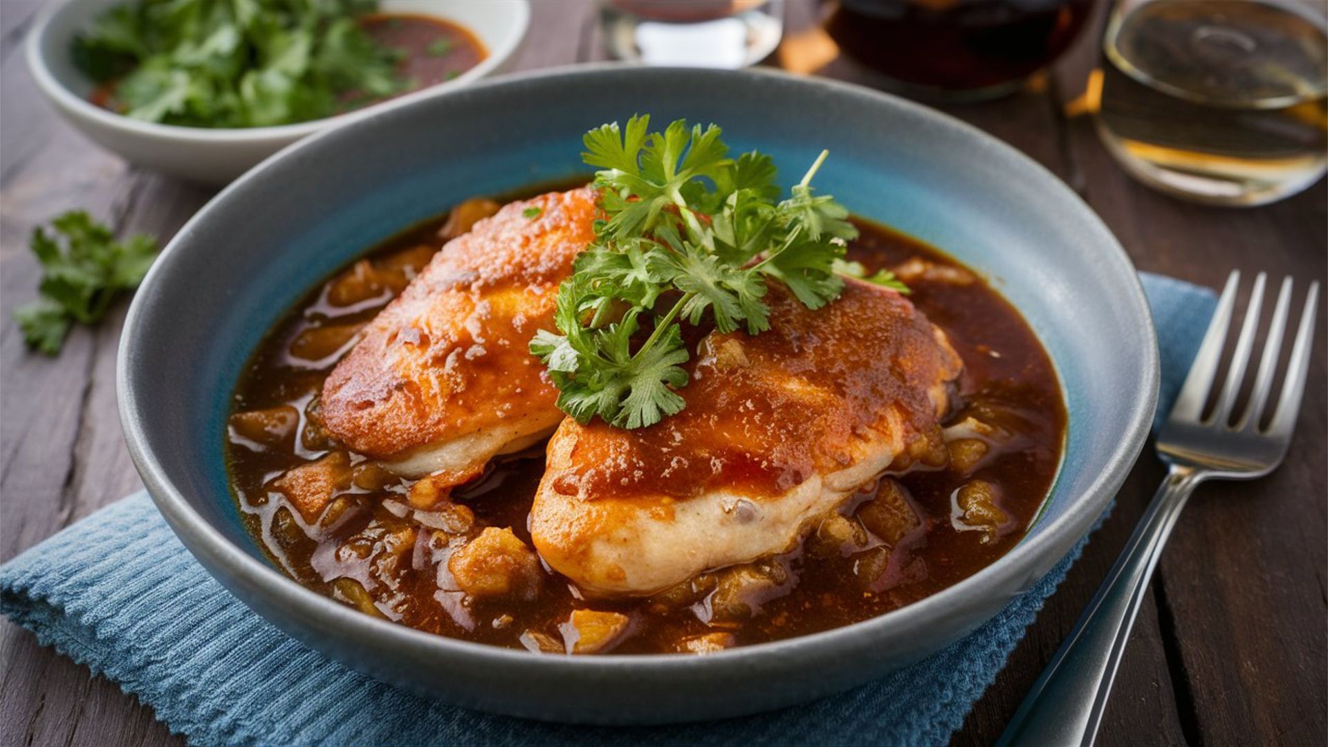 A bowl of chicken in a sauce with a fork on a table.